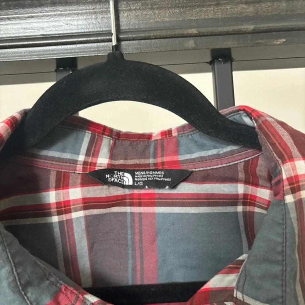 The‎ North Face Red Blue Plaid Snap Button Up Long Sleeve Casual Shirt Men Sz Lg
